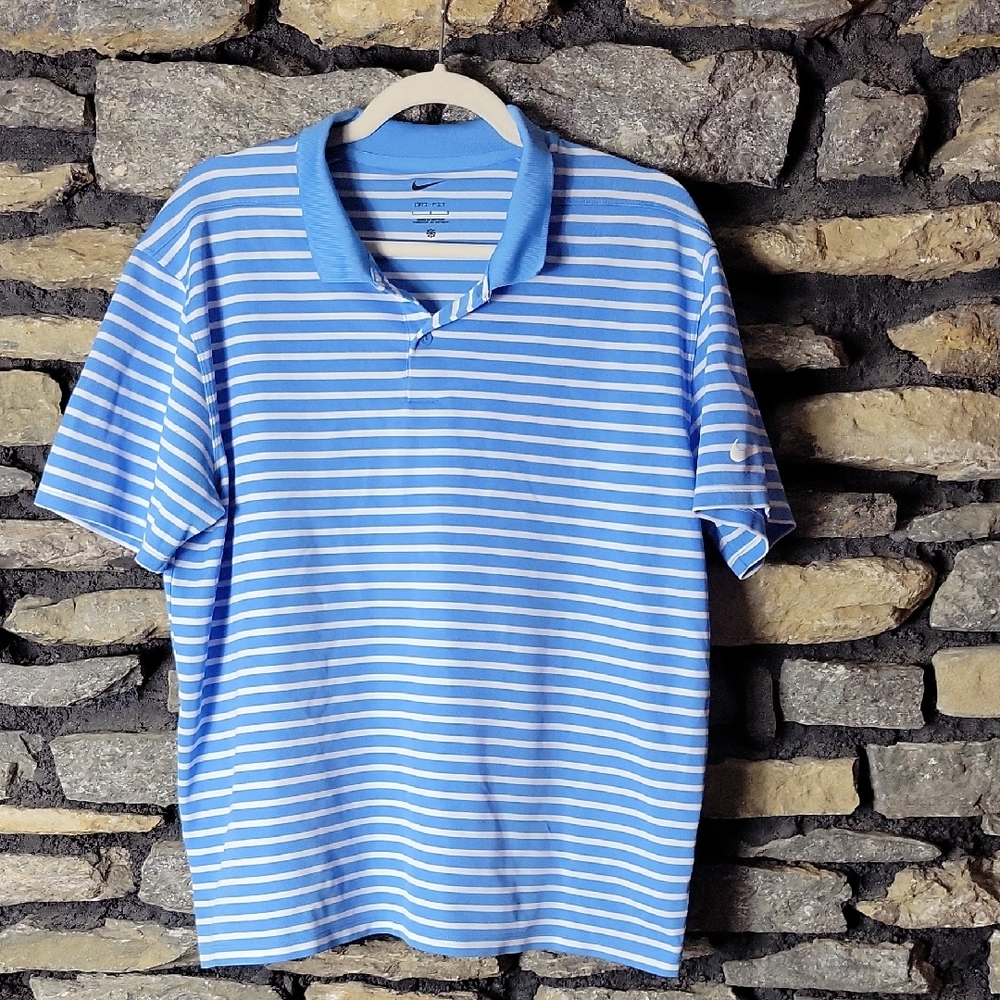 Nike Men's Blue Striped Polo Golf Shirt Size Large